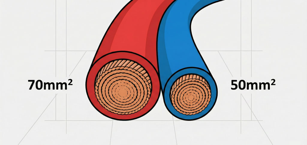 A side-by-side cross-section comparison of two marine cables. On the left, a larger red-sheathed 70mm² cable for 48V systems; on the right, a more compact blue-sheathed 50mm² cable used for more efficient 96V systems