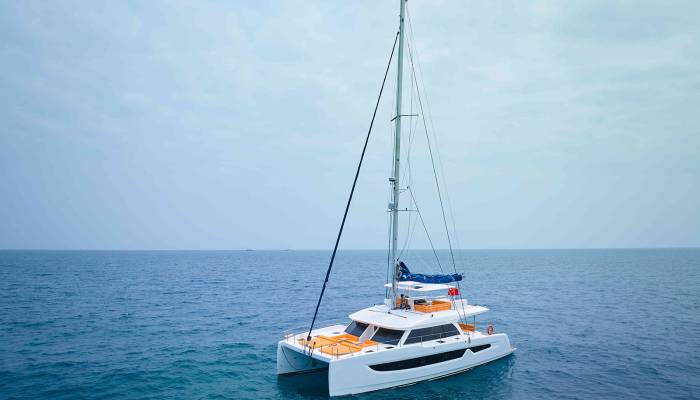 Seaview 59 electric catamaran under solar panels showcasing clean-energy yacht design