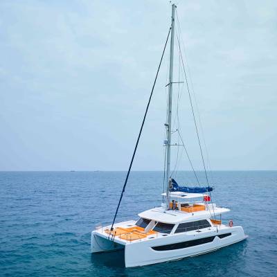 Seaview 59 electric catamaran under solar panels showcasing clean-energy yacht design